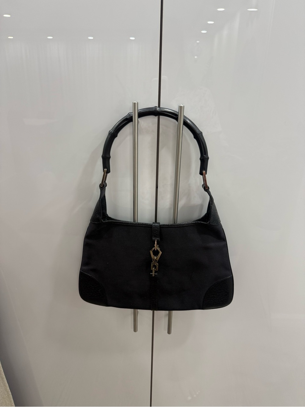 VINTAGE GUCCI JACKIE Black Shoulder Bag with Bamboo Handle